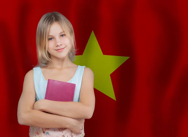Teen Girl Student Vietnamese Flag Background Education School Vietnam Concept — Stock Photo, Image