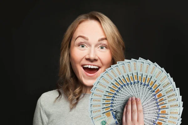 Surprised Woman Open Mouth Fan Money Black Background — Stock Photo, Image