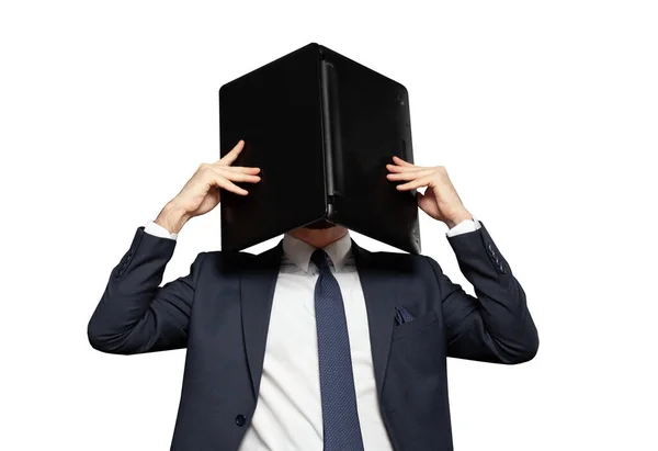 Frustrated Stressed Businessman Hiding His Head Laptop Office Isolated White — Stock Photo, Image