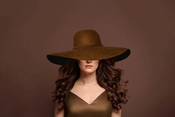 美丽的卷发造型 宽棕色宽边帽 有波浪长发和帽子肖像的女人 免版税图库图片