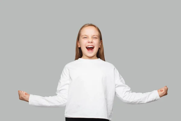 Happy Excited Surprised Child Kid Schoolgirl Having Fun Posing White — Stock Photo, Image