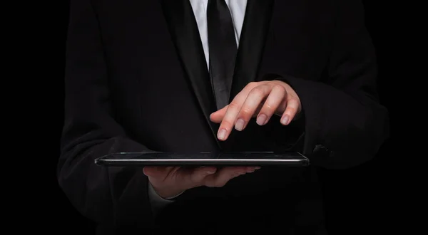 Business Person Touching Screen Tablet Black Background — Stock Photo, Image