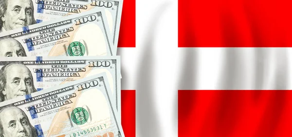 丹麦国旗上的美元 丹麦金融 社会支助 国内生产总值概念 — 图库照片