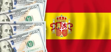 Dollars on flag of Spain, Spanish finance, subsidies, social support, GDP concept