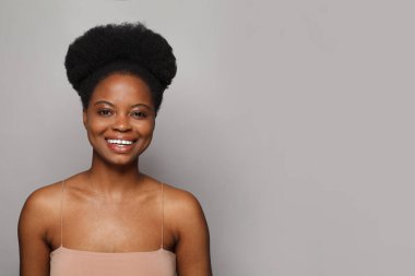 Smiling woman with fresh clean skin and white teeth portrait. Beauty, facial treatment and skin care concept