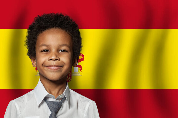 Spanish kid boy on flag of Spain background. Education and childhood concept