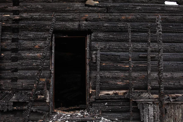 Burned Wooden House Black Remains Construction — Stock Photo, Image