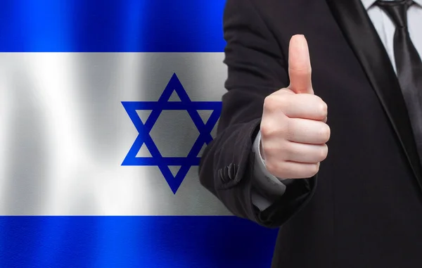 Concepto Izraeli Empresario Mostrando Pulgar Hacia Arriba Fondo Bandera Izrael —  Fotos de Stock