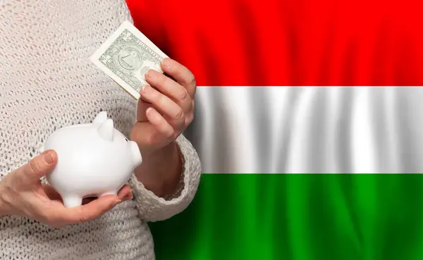 ハンガリーの国旗を背景にマネーバンクを持つハンガリー人女性 年金基金 退職の概念 — ストック写真