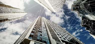 Mavi bulutlu gökyüzü, IoT, ağ, veri, bağlantı, takım çalışması, iletişim konsepti