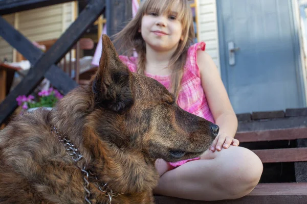 Glücklich Lächelndes Kindermädchen Mit Großem Braunen Hund — Stockfoto