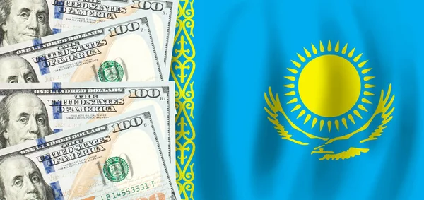 美元在哈萨克斯坦国旗上 哈萨克斯坦财政 社会支助 国内生产总值概念 — 图库照片