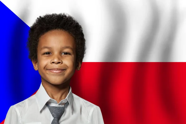 チェコ共和国の旗の上にチェコの子供の男の子 教育と子供時代のコンセプト — ストック写真