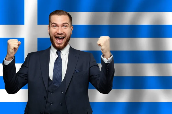Grec Homme Affaires Heureux Sur Fond Drapeau Grèce Business Éducation — Photo