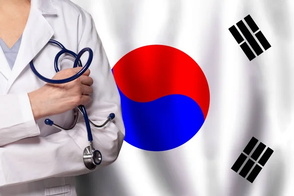 Korean Medicine Healthcare Concept Doctor Close Flag Korea Background — Stock Photo, Image