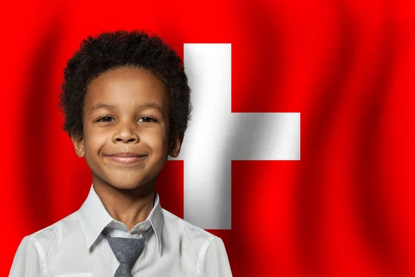 Schweizer Junge Auf Fahne Der Schweiz Hintergrund Bildungs Und Kindheitskonzept — Stockfoto
