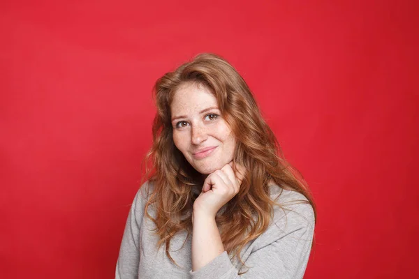 Brünette Frau Grauen Pullover Lächelt Auf Rotem Studiowand Hintergrund — Stockfoto