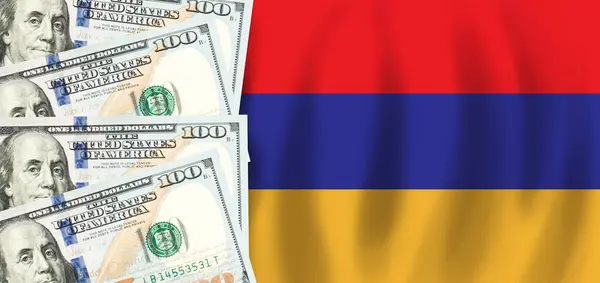 亚美尼亚国旗上的美元 亚美尼亚金融 社会支助 国内总产值概念 — 图库照片