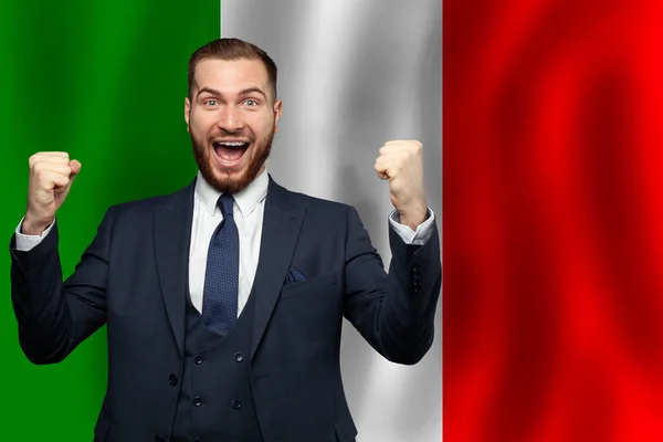 Italiaanse Gelukkige Zakenman Achtergrond Van Vlag Van Italië Zakelijk Onderwijs — Stockfoto