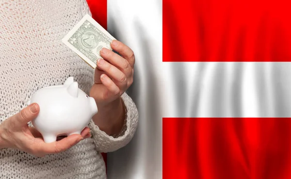 デンマークの国旗を背景にマネーバンクを持つデンマーク人女性 年金基金 退職の概念 — ストック写真