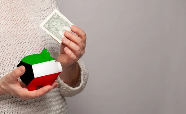 クウェート人女性の手に金の銀行でクウェートの旗 年金基金 退職の概念 — ストック写真