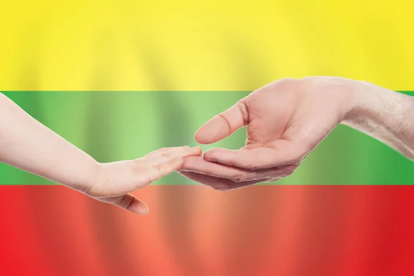 リトアニアの国旗の背景にあるリトアニアの赤ちゃんと親の手ヘルプ サポート 慈善の概念 — ストック写真