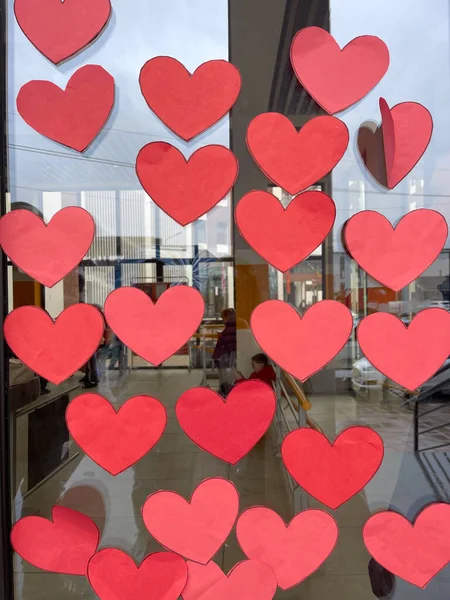 Empty Red Hearts Copy Space Glass Door — Stock Photo, Image