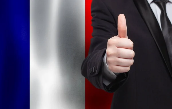 Francia Fogalom Üzletember Mutatja Hüvelykujját Háttér Ból Zászló Franciaország — Stock Fotó
