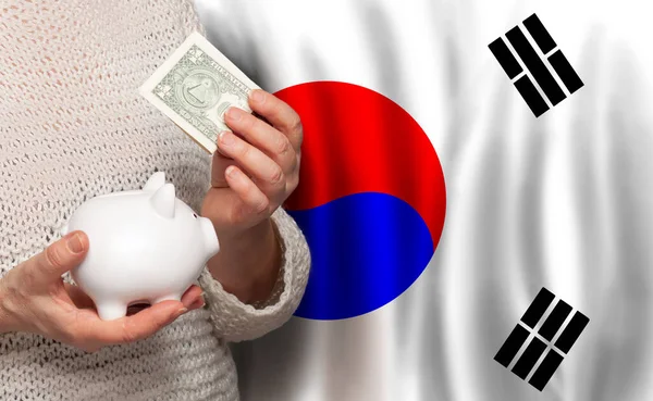 Kore Bayrağında Para Bankası Olan Koreli Kadın Noktalar Emeklilik Fonu — Stok fotoğraf