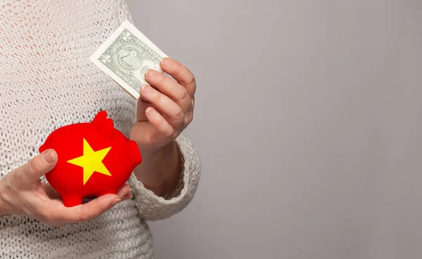 Bandeira Vietnã Banco Dinheiro Mãos Mulheres Vietnamitas Dotações Fundo Pensões — Fotografia de Stock