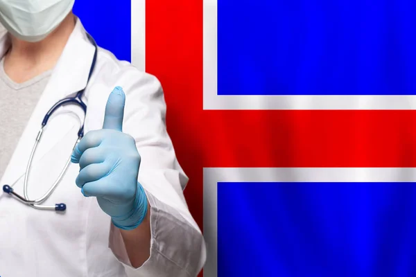 Islandzka Ręka Lekarza Pokazująca Kciuk Górę Pozytywny Gest Fladze Islandii — Zdjęcie stockowe