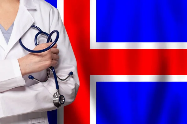 Concepto Medicina Salud Islandesa Doctor Cerca Contra Bandera Islandia Fondo —  Fotos de Stock