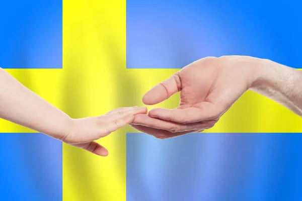 Swedish Baby Parent Hands Background Flag Sweden Ayuda Ayuda Apoyo — Foto de Stock