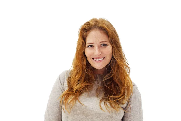 Kızıl Saçlı Güzel Güzel Sağlıklı Gülümseyen Bir Kadın Beyaz Üzerinde — Stok fotoğraf