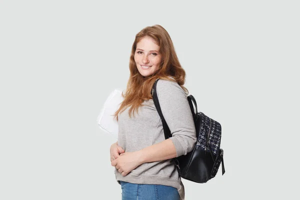 Cute Happy Woman Student Standing White Background — Stock Photo, Image