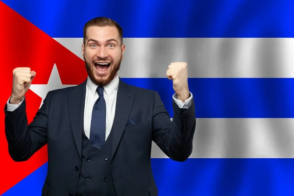 Cuba Feliz Hombre Negocios Fondo Bandera Cuba Negocios Educación Título —  Fotos de Stock