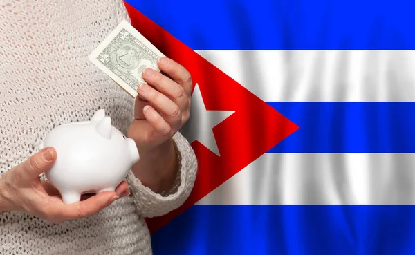 Mujer Cubana Con Banco Dinero Fondo Bandera Cuba Dotaciones Fondo —  Fotos de Stock