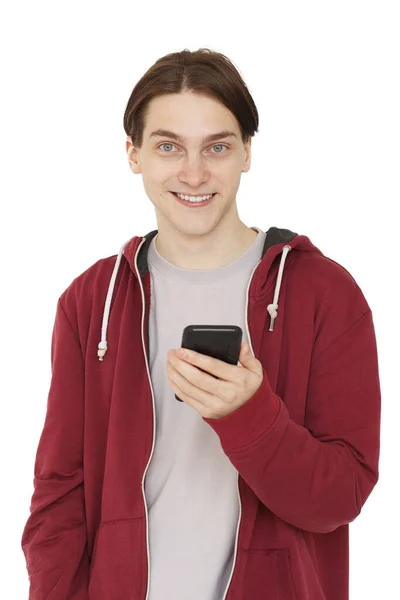 Retrato Jovem Feliz Usando Smartphone Sorrindo Olhando Para Câmera Isolada — Fotografia de Stock