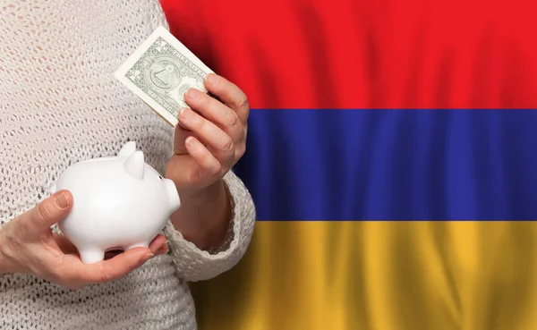 アルメニア国旗の背景に金の銀行を持つアルメニア人女性 ドットネス 年金基金 退職の概念 — ストック写真