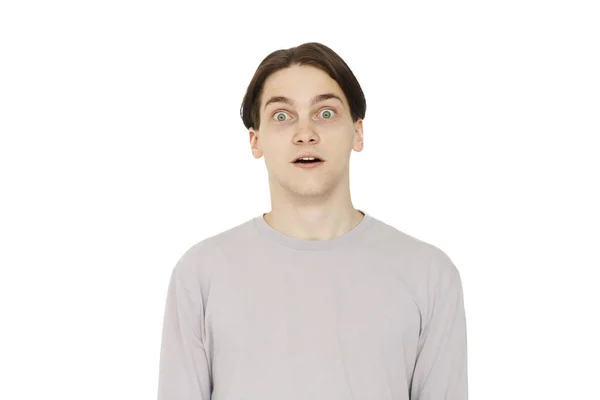 Shocked Surprised Young Guy Looking Camera Isolated White Background Studio — Stock Photo, Image