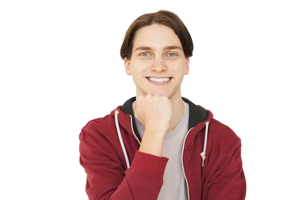 Szczęśliwy Uśmiechnięty Młody Mężczyzna Model Białym Tle Portret — Zdjęcie stockowe