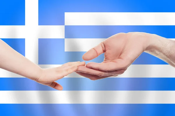 Griego Bebé Padres Manos Fondo Bandera Grecia Ayuda Ayuda Apoyo — Foto de Stock
