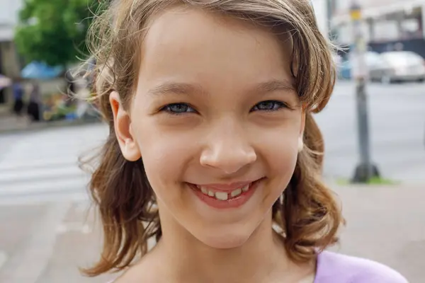Closeup Portrait Funny Happy Child Girl Cute Smile Outdoor — Stock Photo, Image