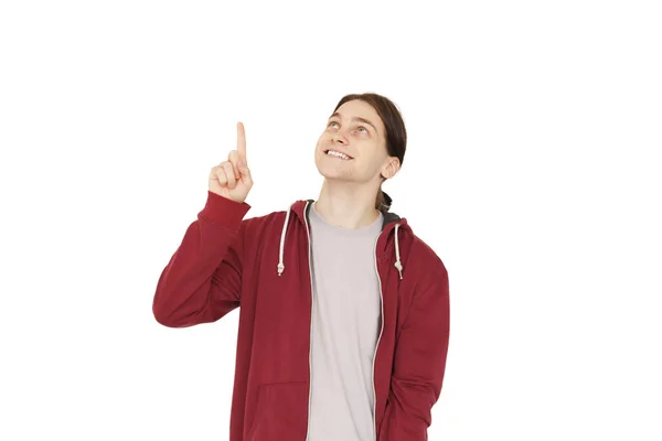 Щасливий Молодий Чоловік Вказує Місце Копіювання Ізольовано Білому Тлі — стокове фото