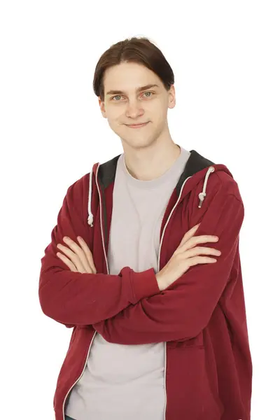 Happy Young Adult Man Smiling Standing Crossed Arms Isolated White — Stock Photo, Image