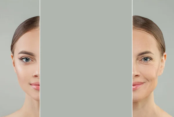 老龄化的概念 漂亮的女性脸蛋年轻和年老的比较 — 图库照片