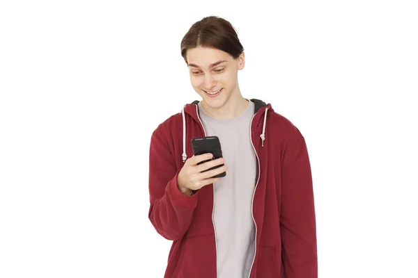 Radosny Facet Trzyma Smartfona Białym Tle — Zdjęcie stockowe