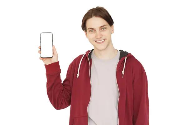 Photo Attractive Guy Holding Smartphone Isolated White Color Background — Stock Photo, Image
