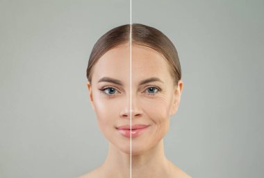 Kırışıklıkları olan güzel bir kadının portresi ve genç temiz bir ten, yaşlanma ve gençlik konsepti, güzellik tedavisi ve kozmetoloji.
