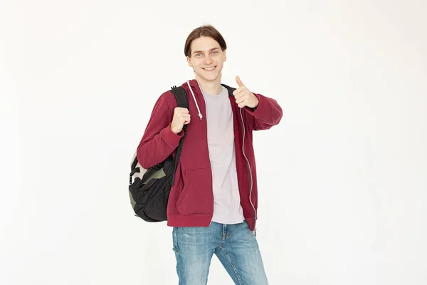 Young Man Student Showing Thumb Standing White Background — Stock Photo, Image